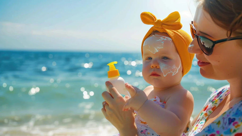 mother applies cream baby beach scaled