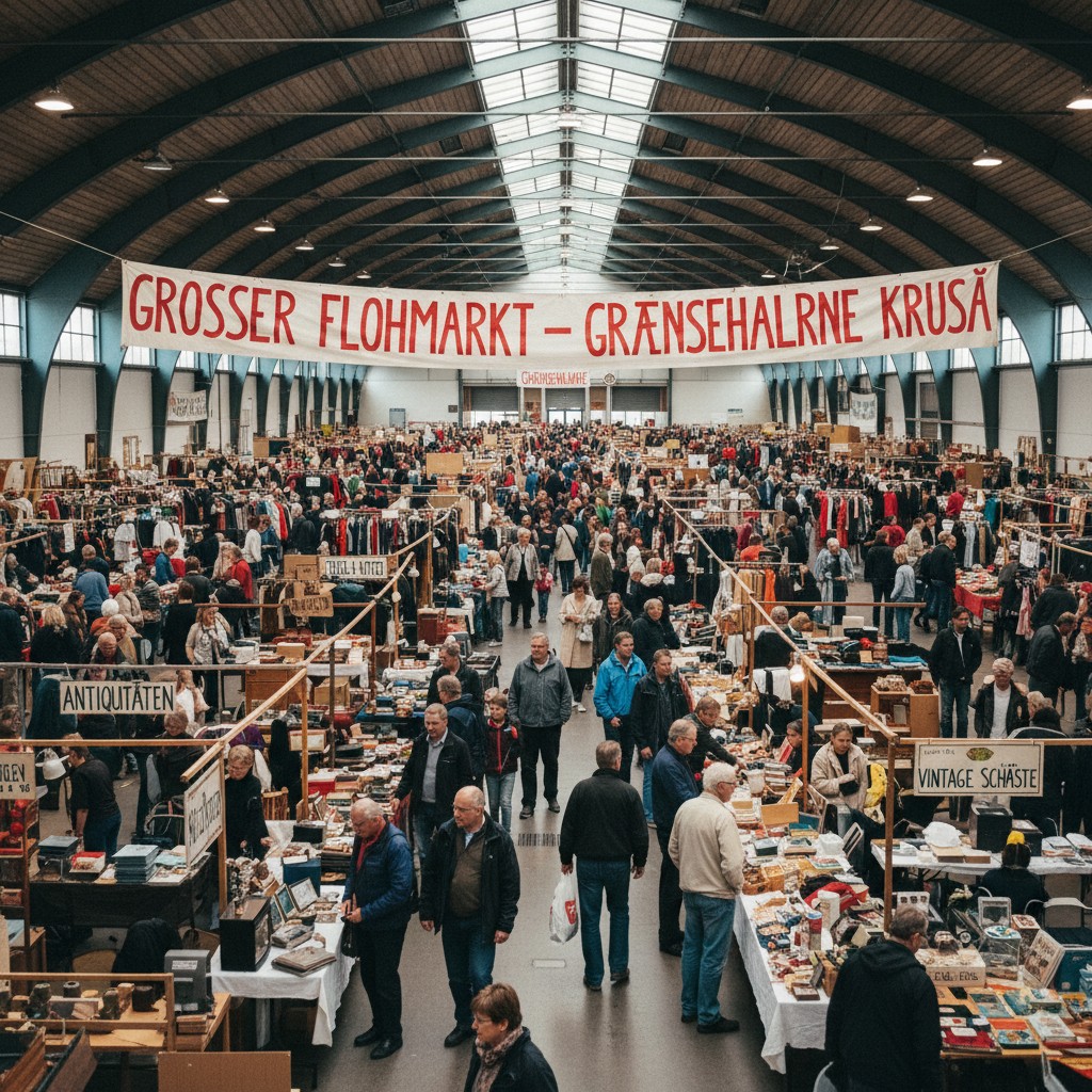 Firefly_Gemini Flash_🛍️ Großer Flohmarkt in den Grænsehallerne Kruså erstelle hierzu ein Foto im JPG Fo 362492
