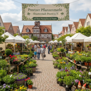 Firefly_Gemini Flash_🌿 Preetzer Pflanzenmarkt Schusterstadt Preetz e V 🌿auf dem Marktplatz in Preetz 114567