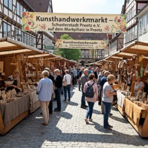 Firefly_Gemini Flash_🎨 Kunsthandwerkermarkt Schusterstadt Preetz e V 🎨auf dem Marktplatz in Preetz e 680945