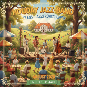 Firefly_GeminiFlash_🎺 Holiday JazzBand FlensJazzfrühschoppen Gut Oestergaard 2026 erstelle ein Bild 503677